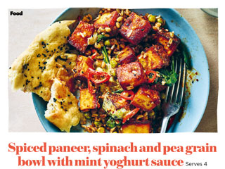 Spiced paneer, spinach and pea grain bowl with mint yoghurt sauce