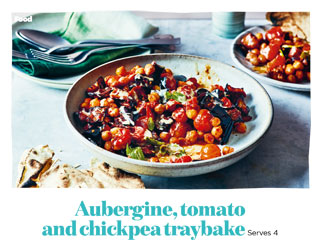 Aubergine, tomato and chickpea traybake