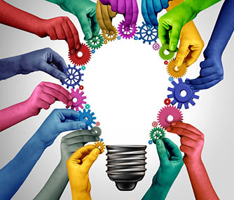 Business Team diversity Solution thinking together as a diverse group of people coming together joining hands into the shape of an inspirational light bulb as a community support metaphor with 3D elements.