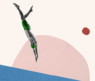 Contemporary art collage. Minimalism, surrealism. Professional swimmer jumping into drawn blue water isolated over light background. Sport, competition concept. Summer water sports.