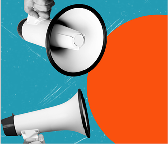 Human hand holding loudspeaker, megaphone with empty speech bubble for text, ad. Banner. Information. Contemporary art collage. Concept of business, employment, profession. Creative design