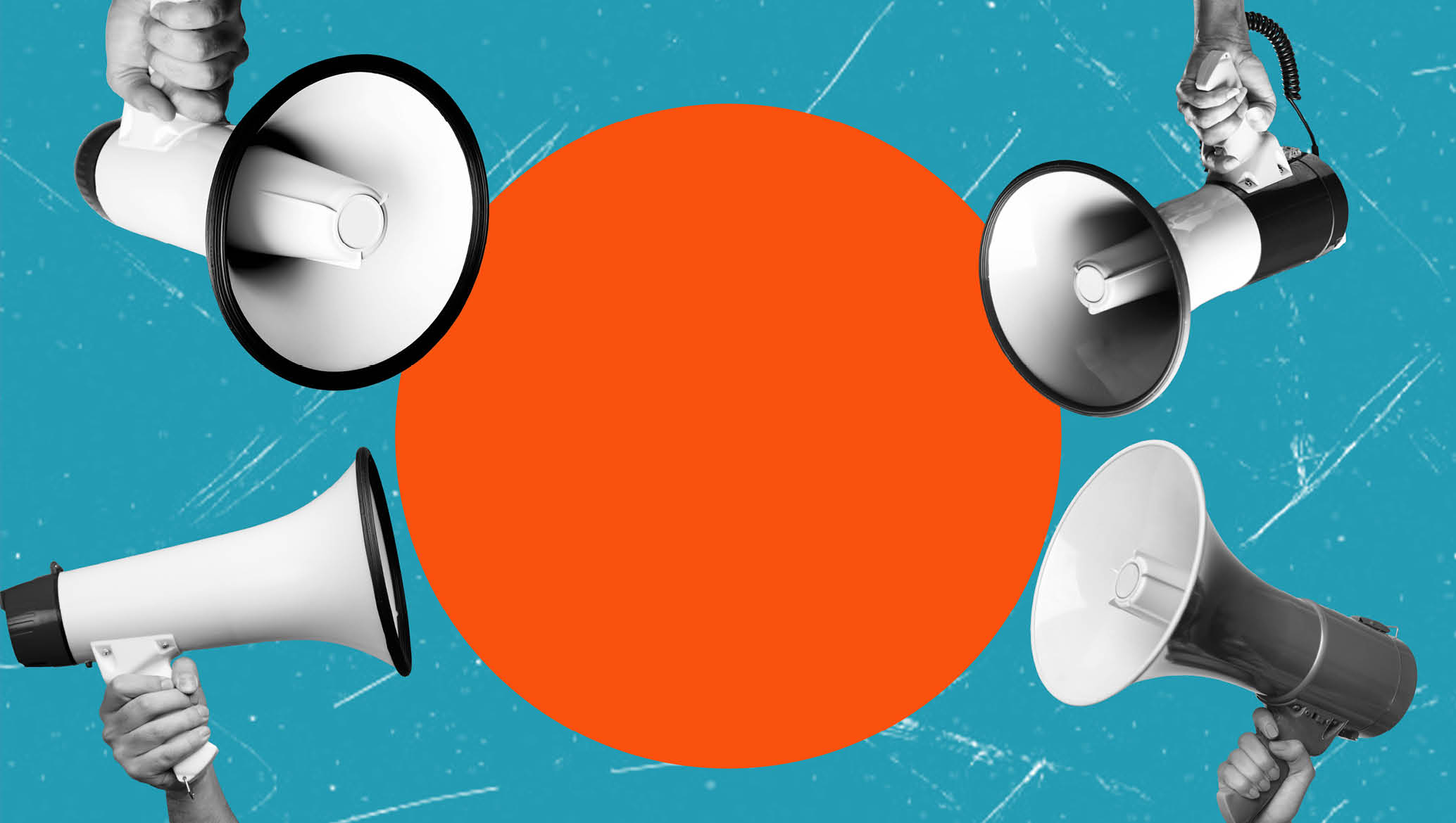 Human hand holding loudspeaker, megaphone with empty speech bubble for text, ad. Banner. Information. Contemporary art collage. Concept of business, employment, profession. Creative design