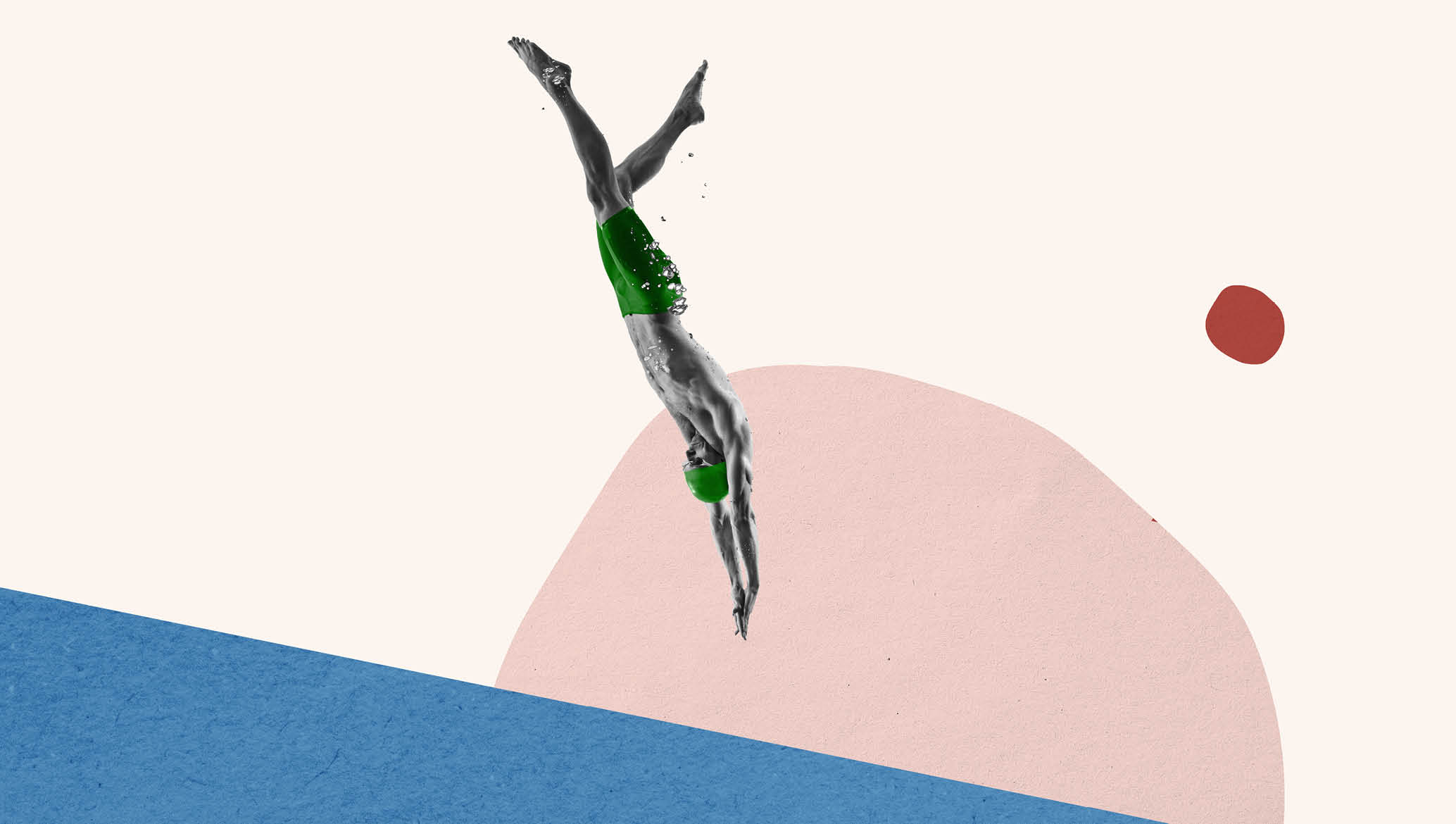 Contemporary art collage. Minimalism, surrealism. Professional swimmer jumping into drawn blue water isolated over light background. Sport, competition concept. Summer water sports.