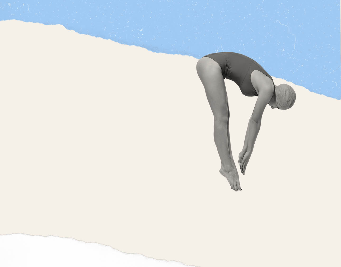 Contemporary art collage. Young girl in swimming suit jumping, diving. Summertime holidays. Concept of summer, retro style, mood, creativity, imagiation, party, fun. Copy space for ad, poster