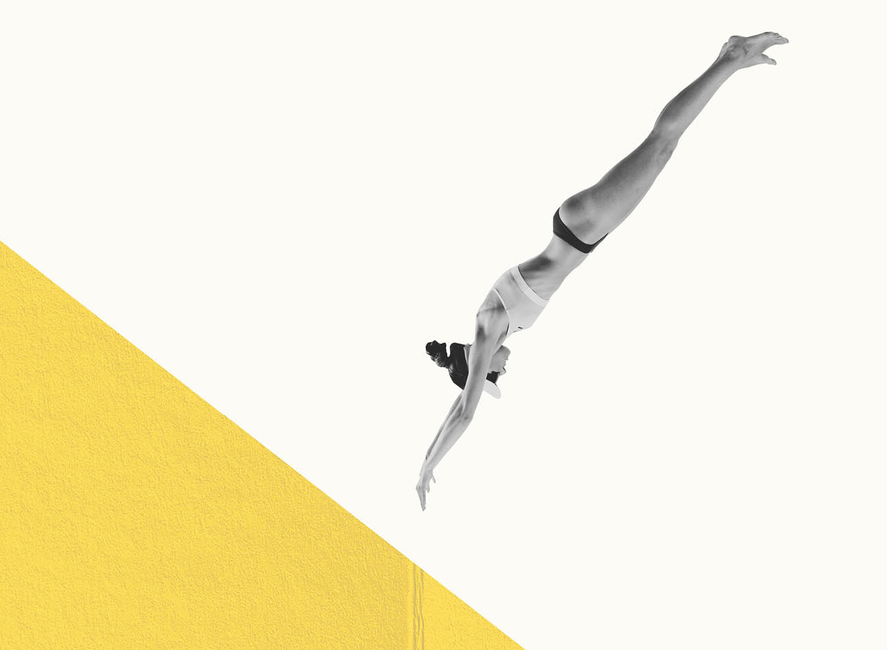 Creative artwork in retro style. Slim, muscular woman on summer vacation jumping into water, swimming . Concept of sport, motion, action, creativity, pastel colors, motivation. Ad, text