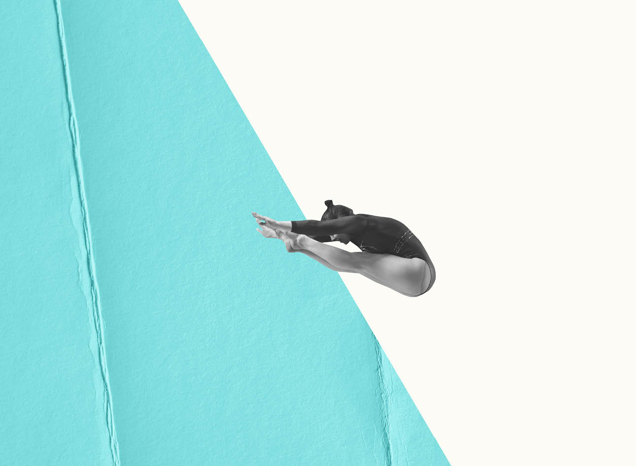 Creative artwork in retro style. Young girl, female rhytmic gymnast training isolated over light background. Flexibility. Concept of sport, motion, action, creativity, pastel colors, motivation. Ad