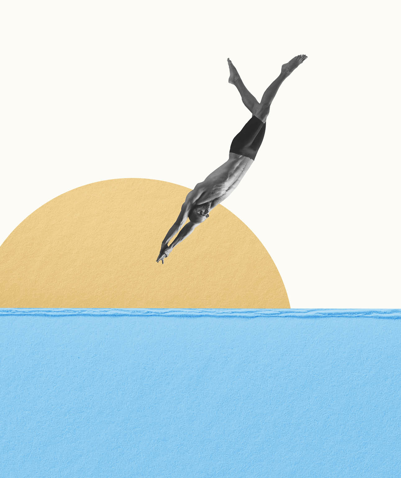 Creative artwork in retro style. Muscular young man, professional swimmer jumping into water on sunset. Concept of sport, motion, action, creativity, pastel colors, motivation. Ad, text