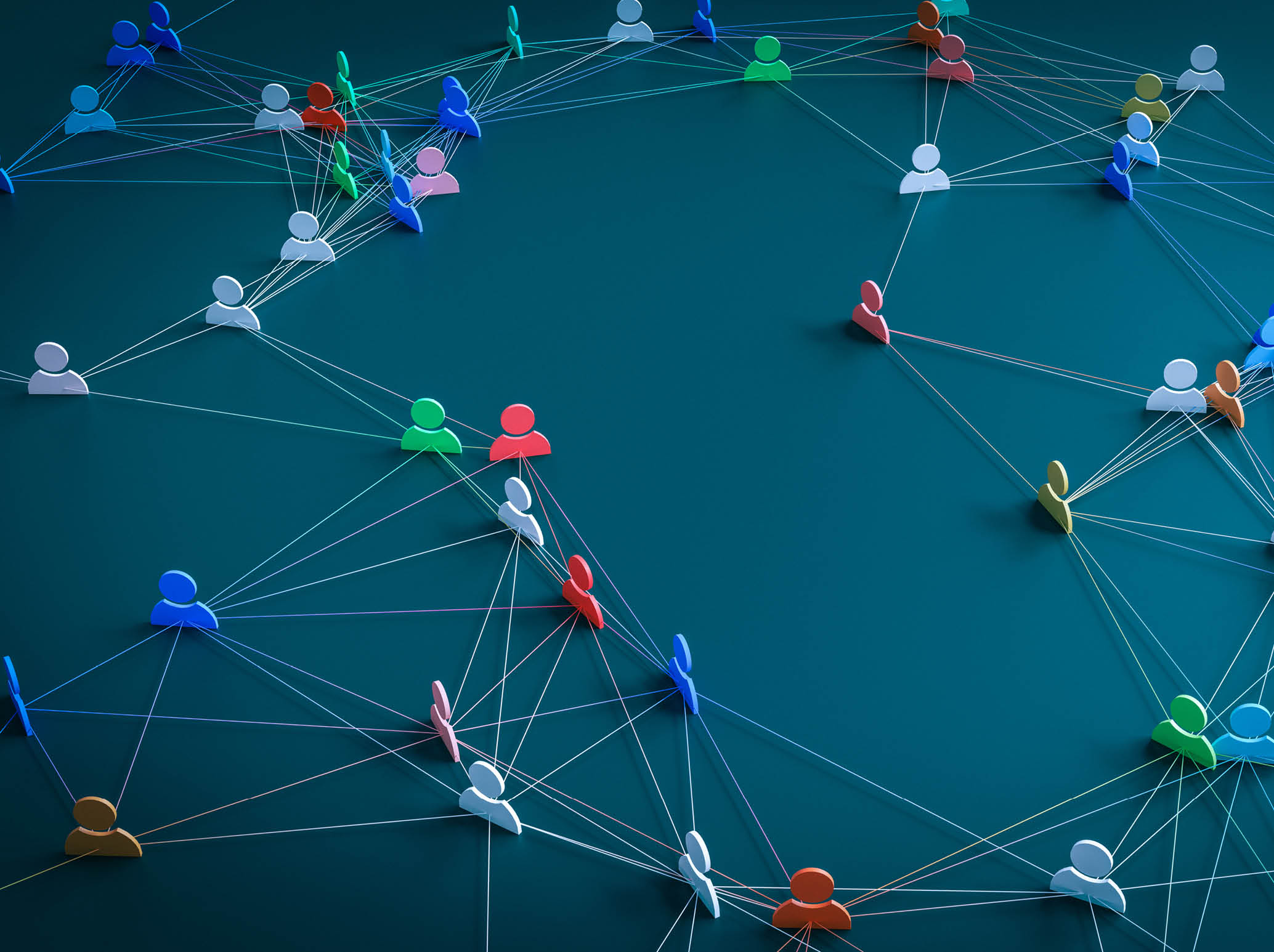 A concept that expresses the hyper-connected society of modern society by connecting people icons with lines, 3d rendering.