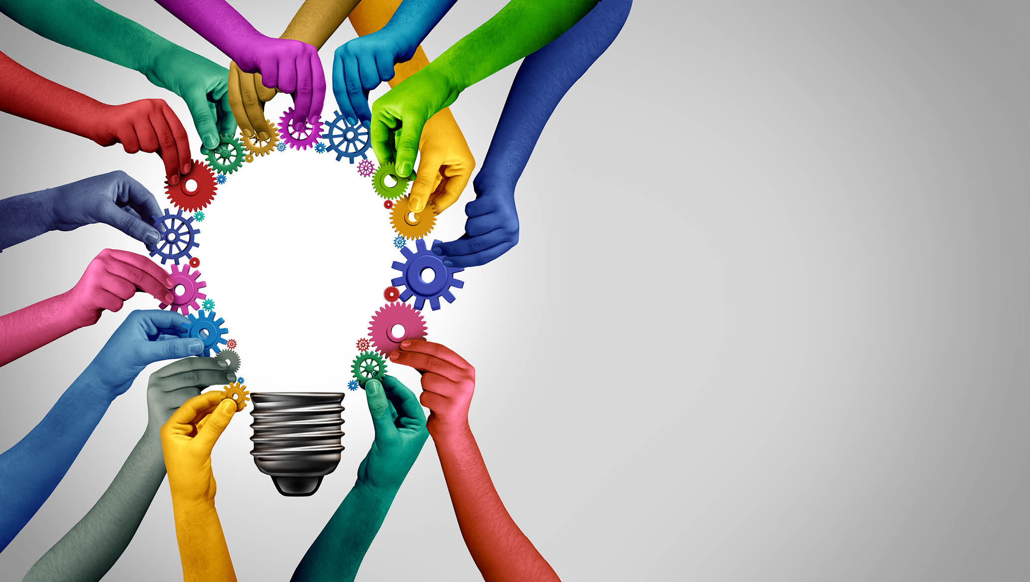 Business Team diversity Solution thinking together as a diverse group of people coming together joining hands into the shape of an inspirational light bulb as a community support metaphor with 3D elements.