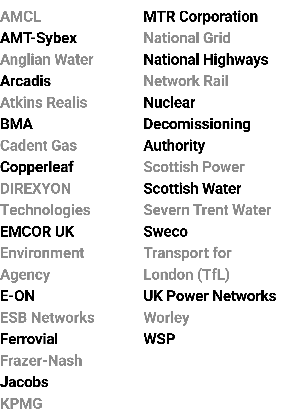 AMCL AMT-Sybex Anglian Water Arcadis Atkins Realis BMA Cadent Gas Copperleaf DIREXYON Technologies EMCOR UK Environme...