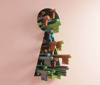 Giant keyhole with variety of multi colored keys. (3d render)