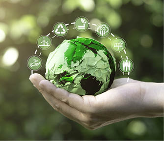 Businessman holding green scrap paper ball with world map and environment icon such as carbon reduction green factory recycle and solar cell for zero carbon emission credit to prevent global warming.
