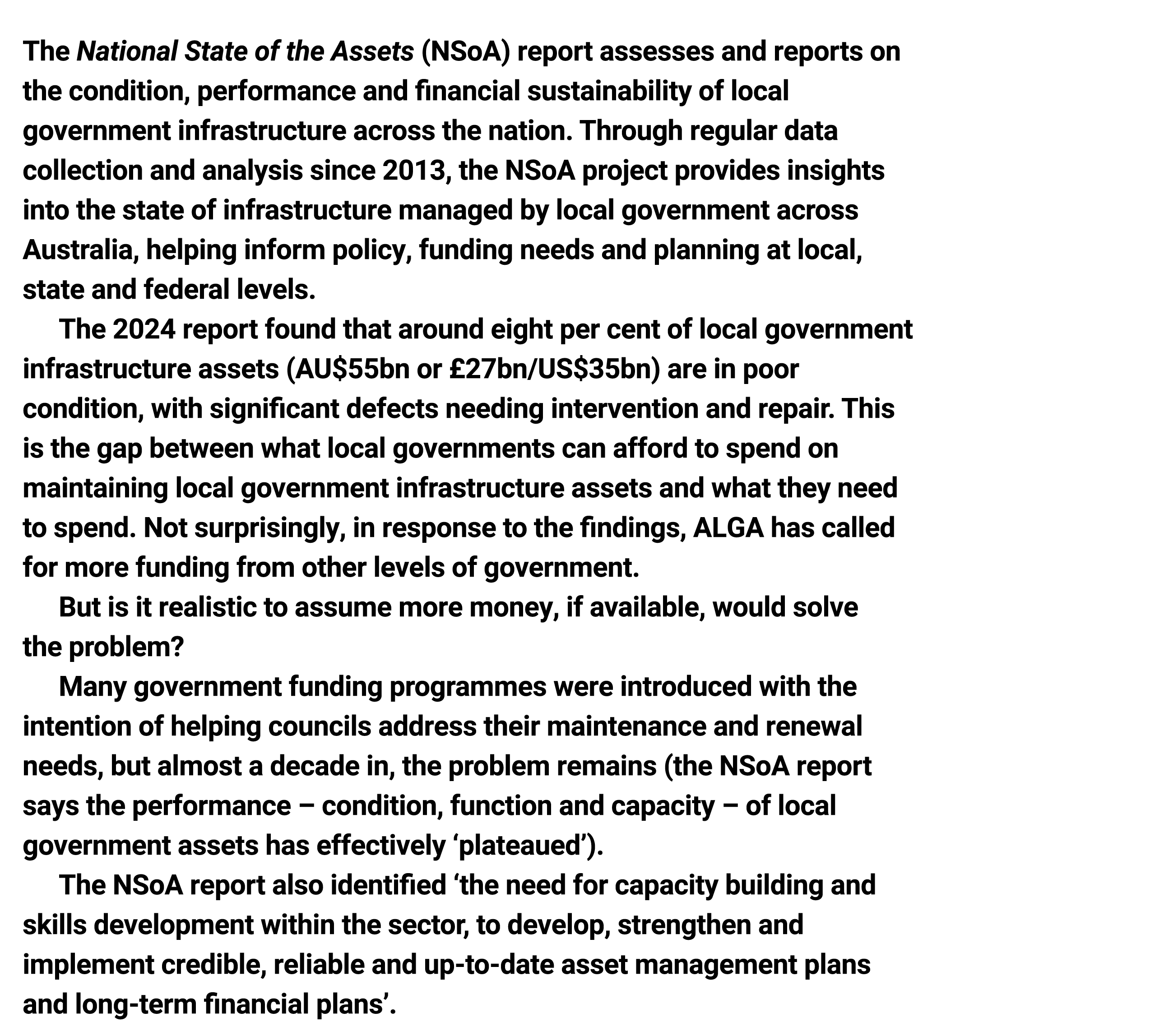 The National State of the Assets (NSoA) report assesses and reports on the condition, performance﻿ and financial sust...