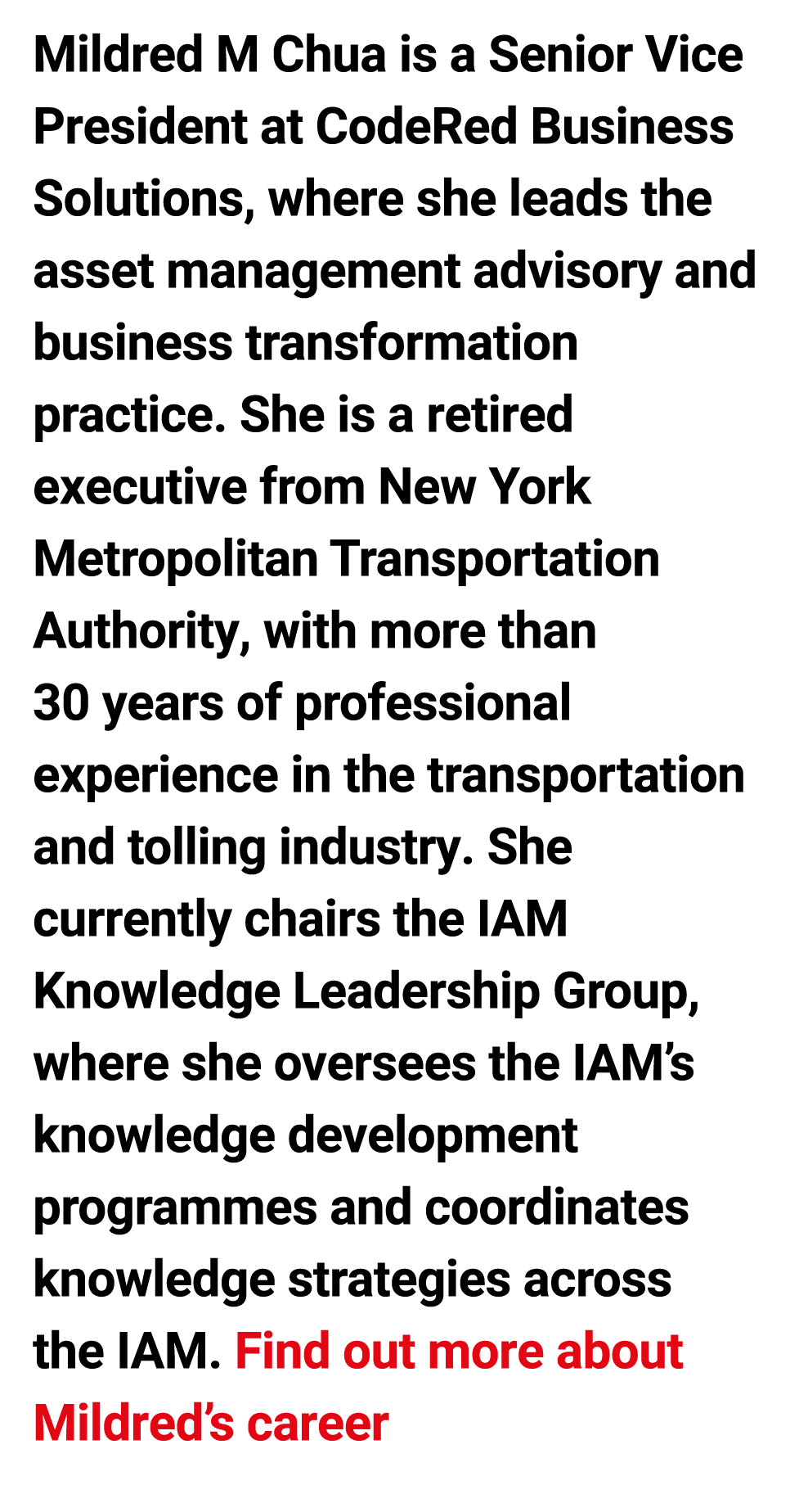 Mildred M Chua is a Senior Vice President at CodeRed Business Solutions, ﻿where she leads the asset management adviso...
