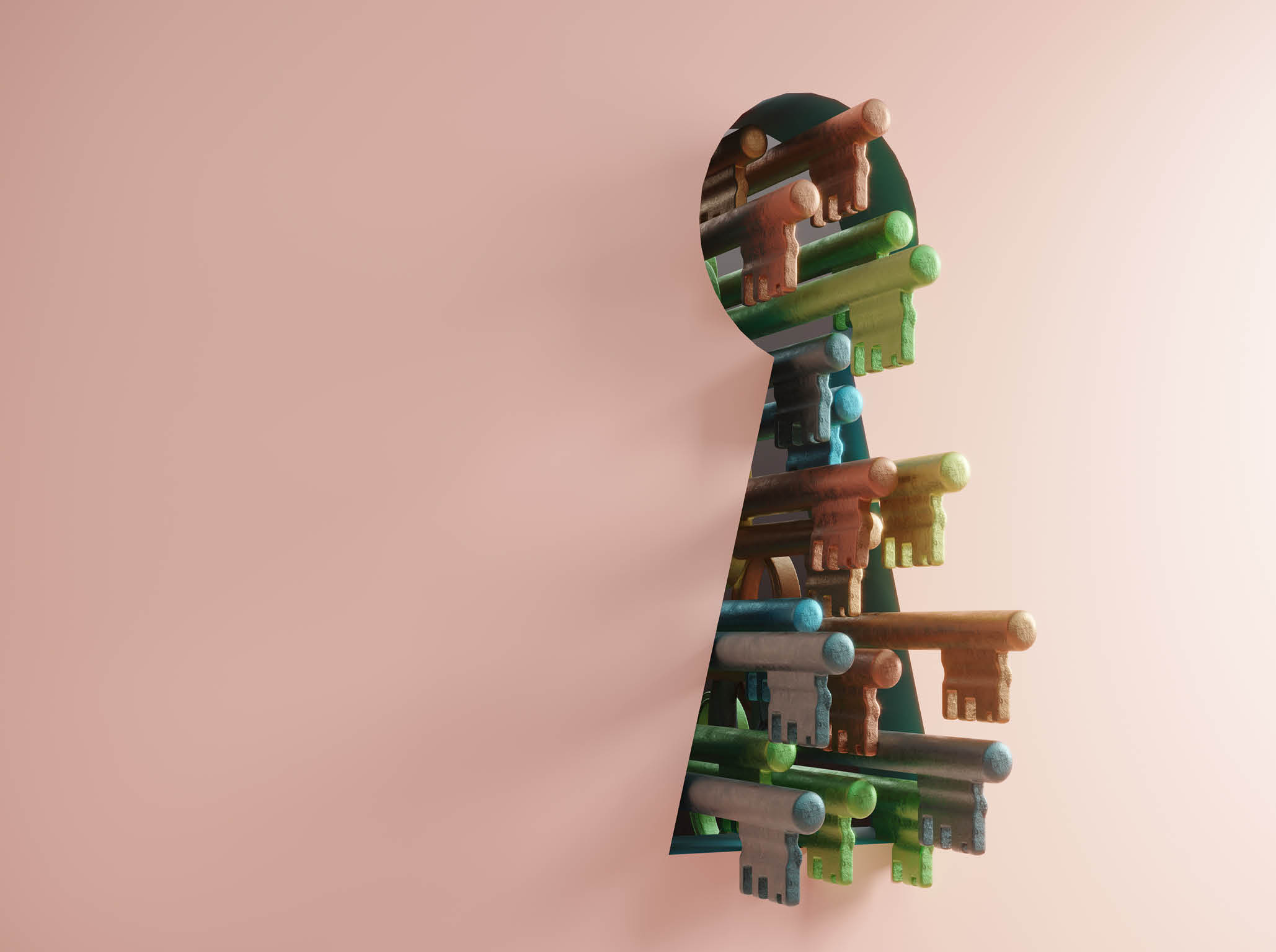 Giant keyhole with variety of multi colored keys. (3d render)