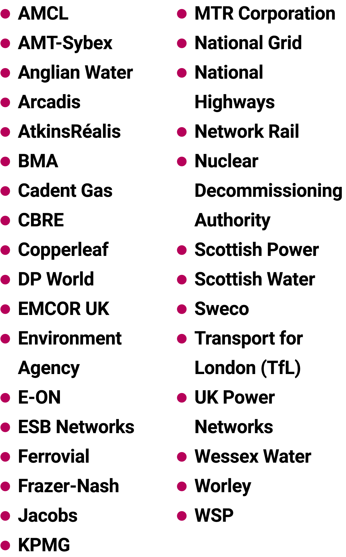 ● AMCL ● AMT-Sybex ● Anglian Water ● Arcadis ● AtkinsR alis ● BMA ● Cadent Gas ● CBRE ● Copperleaf ● DP World ● EMCOR...