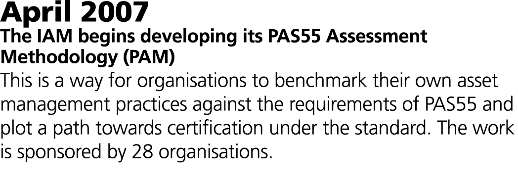 April 2007 The IAM begins developing its PAS55 Assessment Methodology (PAM) This is a way for organisations to benchm...