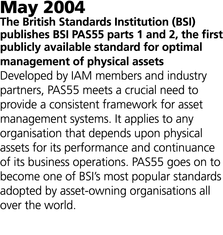 May 2004 The British Standards Institution (BSI) publishes BSI PAS55 parts 1 and 2, the first publicly available stan...