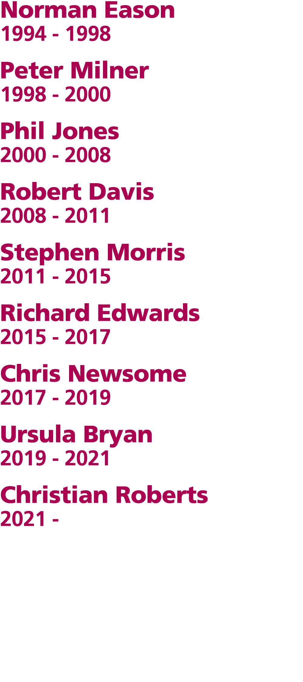 Norman Eason 1994 - 1998 Peter Milner 1998 - 2000  Phil Jones 2000 - 2008 Robert Davis 2008 - 2011 Stephen Morris 20...