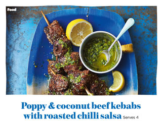 Poppy & coconut beef kebabs with roasted chilli salsa